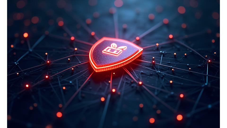 A stylized shield icon embedded in a network of interconnected lines and glowing nodes, representing robust digital security for data protection. Dominated by deep blues, greens, and subtle purple accents.